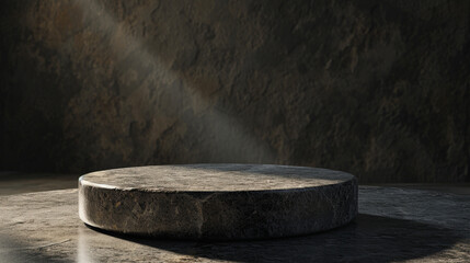 Single granite circle podium with granite background for new product advertising. Created using generative AI.