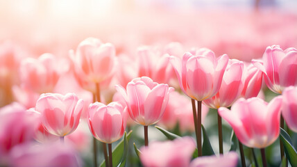 Amazing pink tulip flowers blooming in a tulip field, against the white ground of blurry tulip flowers