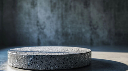 Single granite circle podium with granite background for new product advertising. Created using generative AI.