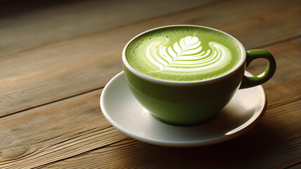 Japanese matcha green tea latte on a wood background - obrazy, fototapety, plakaty