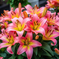 Fototapeta premium Beautiful coral pink lily flowers with green leaves of Lilium (true lilies) the herbaceous flowering plant growing from bulbs