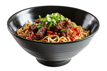 Noodles with beef in black bowl isolated on transparent background