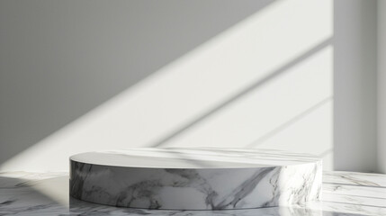 Empty elegant marble podium with sun light and white background for product presentation. Created using generative AI.