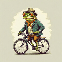 Illustration of a frog wearing a shirt riding a bicycle, vintage style, on a white background