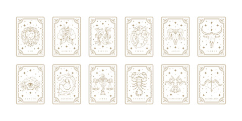 Zodiac astrology horoscope cards linear design vector illustrations set. Engraving design of zodiac card