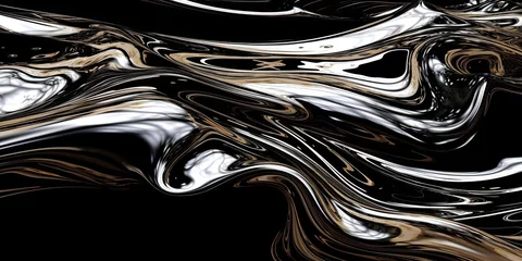 Foto op Plexiglas Black, white, silver liquid metal, abstract art wallpaper on dark background © tydeline