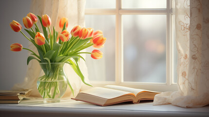 Happy Easter. Bouquet of orange tulip in the clear glass vase with opened book near window - obrazy, fototapety, plakaty