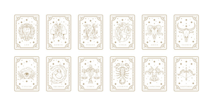 Zodiac astrology horoscope cards linear design vector illustrations set. Engraving design of zodiac card
