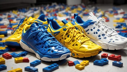 High-Angle Close-Up: Blue and Yellow Futuristic Sneaker Trio on White Surface