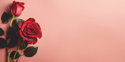 top view of red roses on pink background copy space, text fee. generative ai