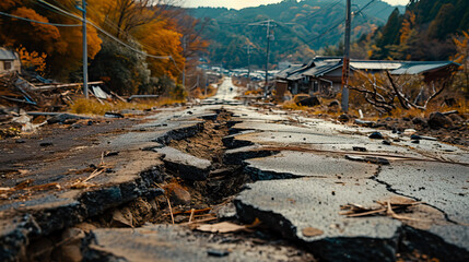 Road cracked after earthquake and tsunami ,destroyed town on the Pacific, Tsunami with a big wave crashing on coast houses.