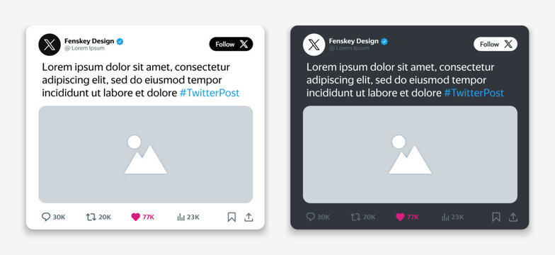  X - Twitter post mock-up. Tweet frame template for news events with editable text and blank avatar. Vector illustration 2024