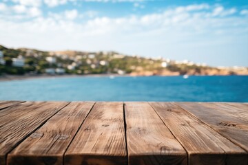 Obraz premium Empty wide Table top wooden bar with blurred beautiful beach scene background coconut leaf on frame for product display mockup outside summer day time. Resort clean wood desk board on nature view.