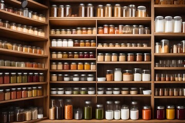 The kitchen pantry holds household items and is set up with glass jars and food containers on shelves and racking cabinets - obrazy, fototapety, plakaty