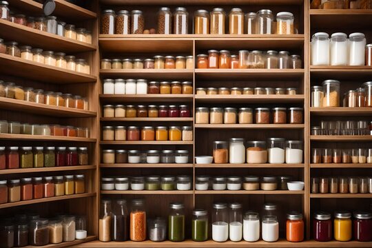 The kitchen pantry holds household items and is set up with glass jars and food containers on shelves and racking cabinets