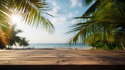 Empty wide Table top wooden bar with blurred beautiful beach scene background coconut leaf on frame...