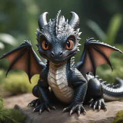 Cute baby black dragon like creature, in the green forest background