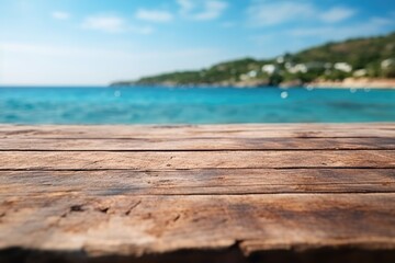 Fototapeta premium Empty wide Table top wooden bar with blurred beautiful beach scene background coconut leaf on frame for product display mockup outside summer day time. Resort clean wood desk board on nature view.