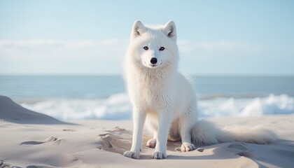 Artic fox relaxing on the beach by day on blurred background. Cute white fox sitting and resting on the sand. Funny summer background or wallpaper. Generative AI.