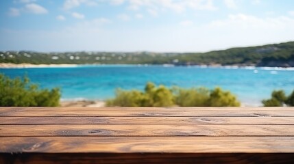 Fototapeta premium Empty wide Table top wooden bar with blurred beautiful beach scene background coconut leaf on frame for product display mockup outside summer day time. Resort clean wood desk board on nature view.
