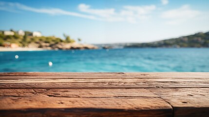 Fototapeta premium Empty wide Table top wooden bar with blurred beautiful beach scene background coconut leaf on frame for product display mockup outside summer day time. Resort clean wood desk board on nature view.