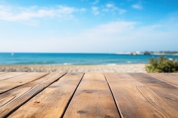 Empty wide Table top wooden bar with blurred beautiful beach scene background coconut leaf on frame for product display mockup outside summer day time. Resort clean wood desk board on nature view.