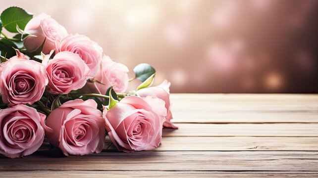 bouquet of roses on woodle background
