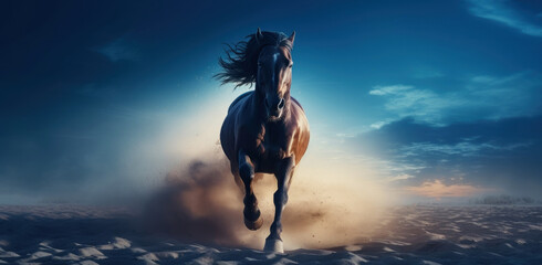 Thoroughbred horse run gallop in dust against. Fast free animal - obrazy, fototapety, plakaty