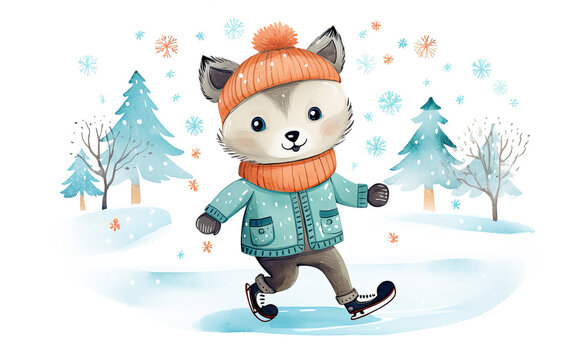 Happy wild animal cub ice skating. scandinavian style illustration. Winter outdoor fun