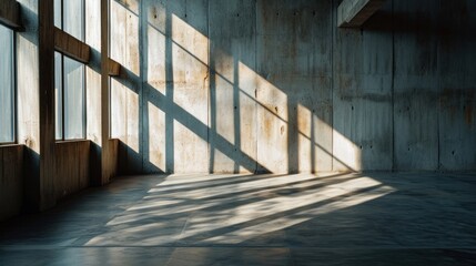Sunlight pierces through an open space, its rays drawing sharp lines of light and shadow that form a silent, calming pattern on the floor.