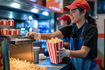 Smiling young woman working at a movie theater cafeteria serving a box of popcorn  - obrazy, fototapety, plakaty