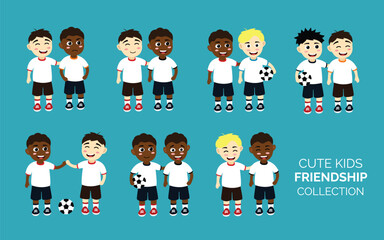 Obraz premium Set of little kids boy friendship. Cute child with friend vector illustration