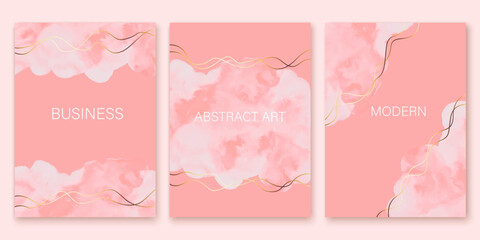Pink and white soft watercolor wash, cloud. Marble texture with golden lines. Chic, elegant design for Valentine's day card, 8 march. Beauty, cosmetics branding concept.
