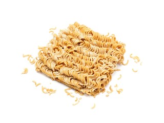 Blocks of dry instant noodles placed isolated on a white background.	