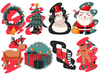 set of christmas illustration, santa, reindeer, snowman, christmas tree, mistletoe, wrapped presents, christmas shocks background image, vector stock images