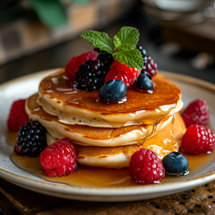 Pancakes with syrup added with berries on top