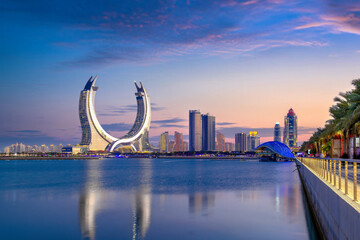 Lusail, Qatar - December 26, 2023: Lusail Marina Park. Lusail Skyline view after sunset