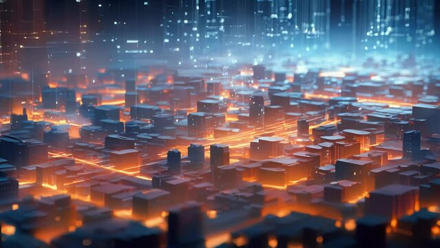 An abstract visualization of a virtual city, with AI agents constantly analyzing and optimizing its spatial layout and functionality, demonstrating the potential of spatial computing for