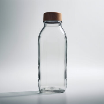 unique shape of clear glass empty bottle, for drink, medicine, perfume, alcohol, wine or vodka bottle with wooden cap. Isolated on gray background. Stock mock up.