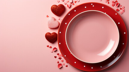 Valentine's Day Dinner Plate or Place Setting - Single Dinner Plate with Heart and Flower Decor - On Pink and Red Gradient Background - Overhead Flat Lay View with Copy Space 