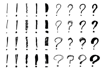 Hand drawn ink question and exclamation mark illustration in sketch style. Elements for design