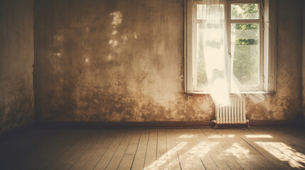 a shabby empty room exposed to sunlight through the window