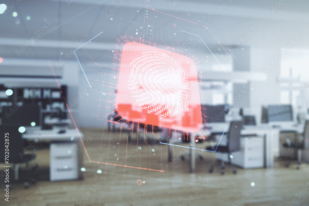 Aufkleber multi exposure of virtual abstract fingerprint illustration on a modern furnished office background,
