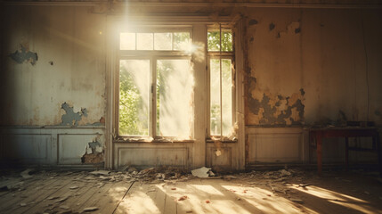 a shabby empty room exposed to sunlight through the window