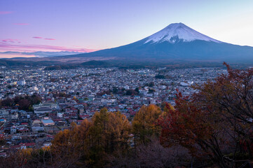 Mountain fuji view during autumn with twilight sky