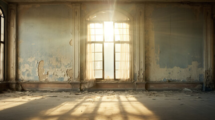 Fototapeta na wymiar a shabby empty room exposed to sunlight through the window