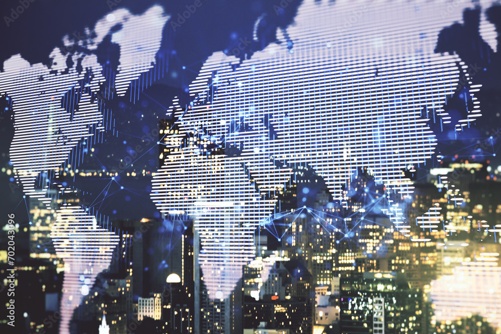 Poster multi exposure of abstract graphic world map on san francisco cityscape background, big data and net