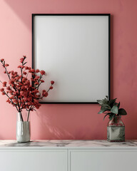 Portrait blank white picture frame mockup on wooden desk or table with plant pink flower decoration and pink background, sunlight, copy space.