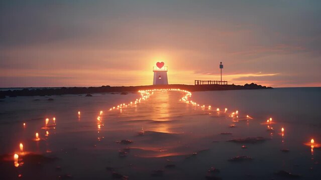 A tranquil scene of a lighthouses heartshaped beam reaching out to the horizon, reminding us that love has no limits and can guide us to new and exciting places.