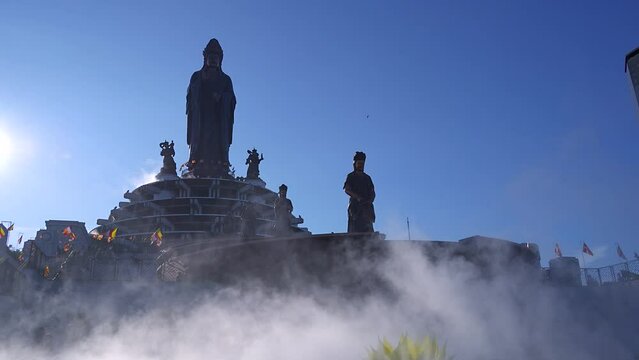 View of Ba Den mountain tourist area, Tay Ninh province, Vietnam. A unique Buddhist architecture with the highest elevation in the area view from below is very beautiful.